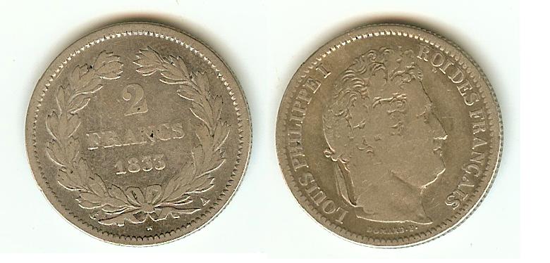 2 Francs Louis Philippe 1833A Paris aF/VF+